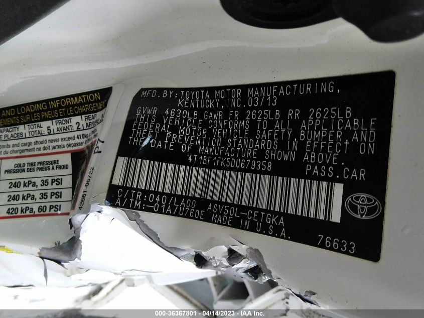 2013 TOYOTA CAMRY L/LE/SE/XLE - 4T1BF1FK5DU679358