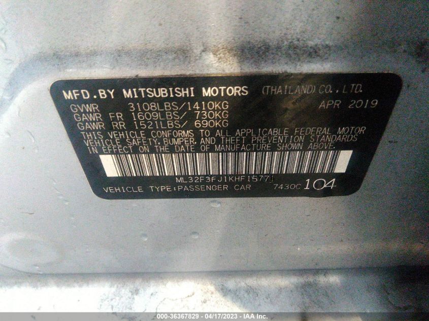 2019 MITSUBISHI MIRAGE G4 ES/RF - ML32F3FJ1KHF15771