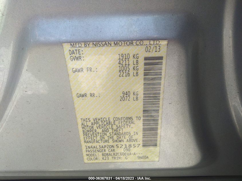 2013 NISSAN ALTIMA 2.5 S - 1N4AL3AP2DN521857