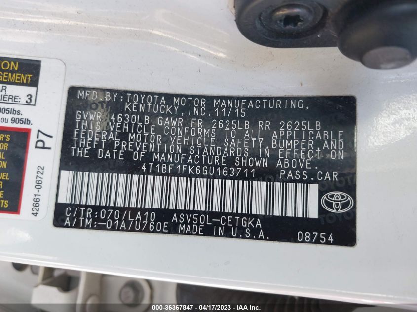 2016 TOYOTA CAMRY XLE/SE/LE/XSE - 4T1BF1FK6GU163711