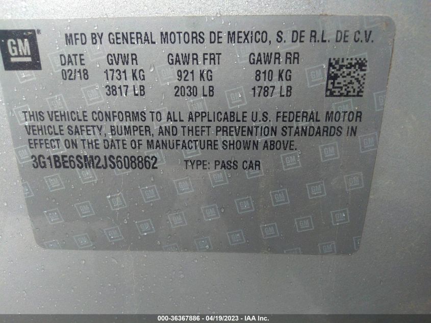 2018 CHEVROLET CRUZE LT - 3G1BE6SM2JS608862
