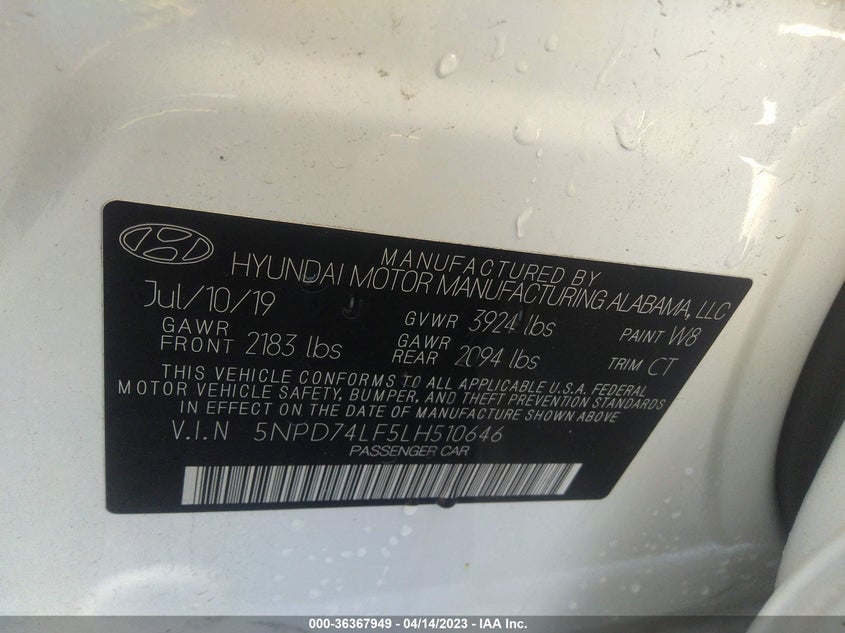 VIN 5NPD74LF5LH510646 2020 HYUNDAI ELANTRA SE