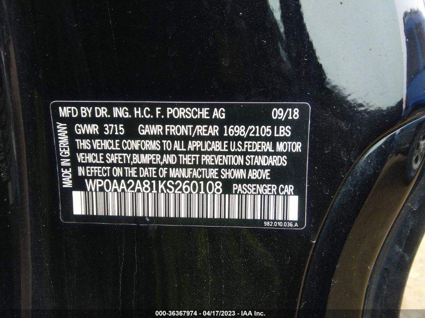 2019 PORSCHE 718 CAYMAN - WP0AA2A81KS260108