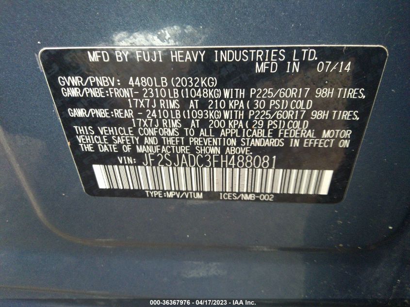 2015 SUBARU FORESTER 2.5I PREMIUM - JF2SJADC3FH488081