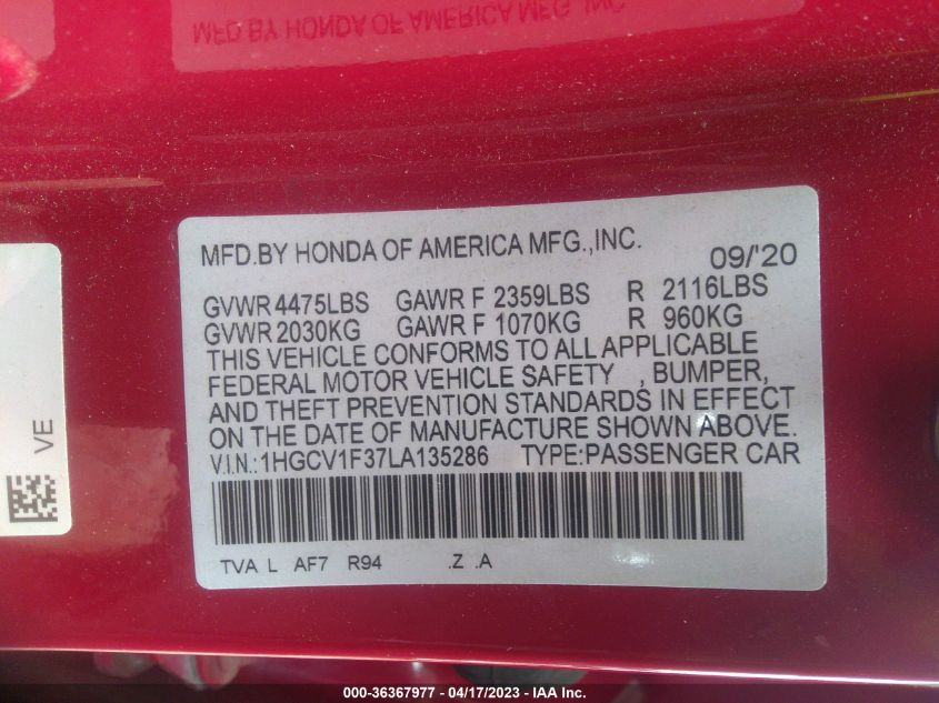 2020 HONDA ACCORD SEDAN SPORT - 1HGCV1F37LA135286