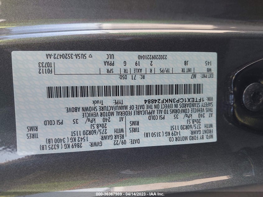 VIN 1FTEX1CP3NKF24884 2022 FORD F-150 XL/XLT/LARIAT