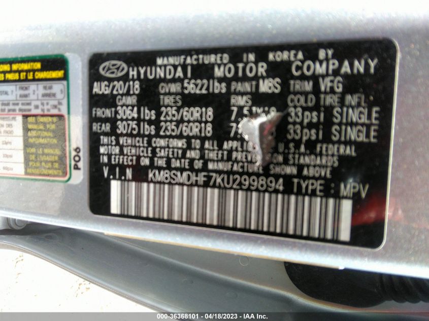 2019 HYUNDAI SANTA FE XL SE - KM8SMDHF7KU299894
