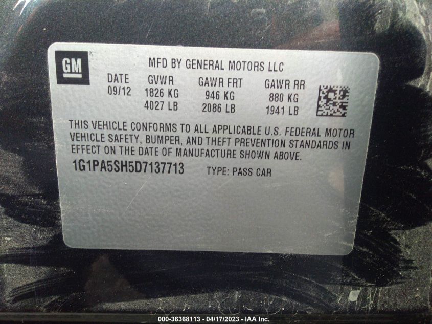 2013 CHEVROLET CRUZE LS - 1G1PA5SH5D7137713
