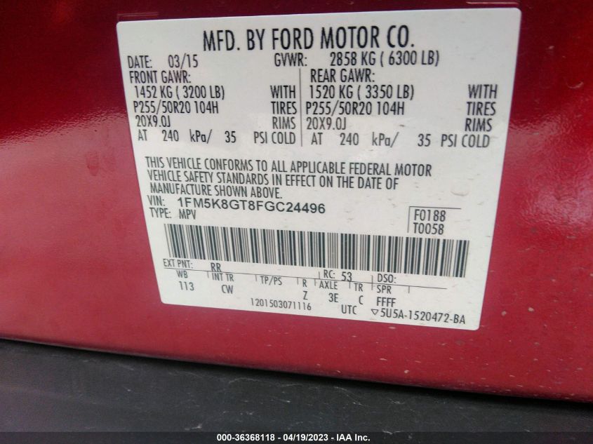 2015 FORD EXPLORER SPORT - 1FM5K8GT8FGC24496