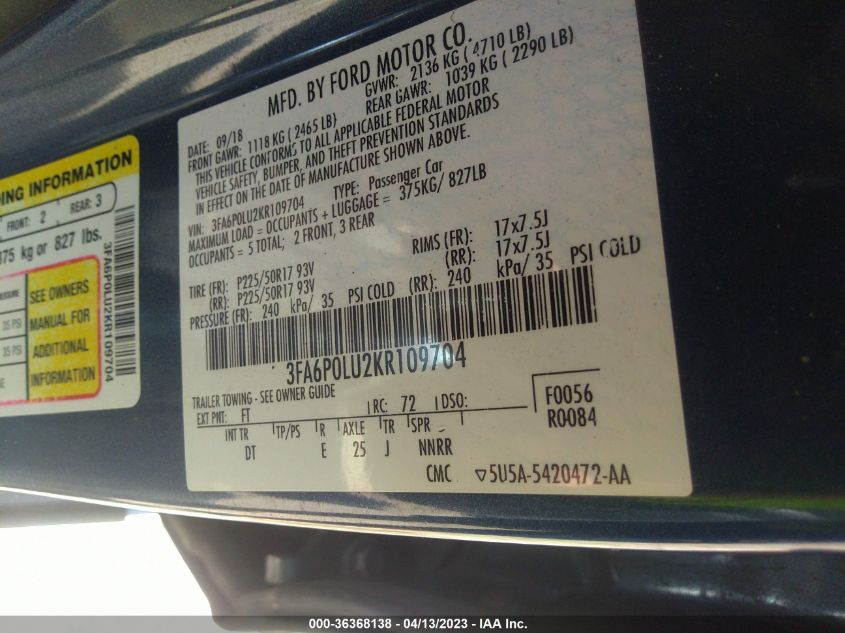2019 FORD FUSION HYBRID SE - 3FA6P0LU2KR109704