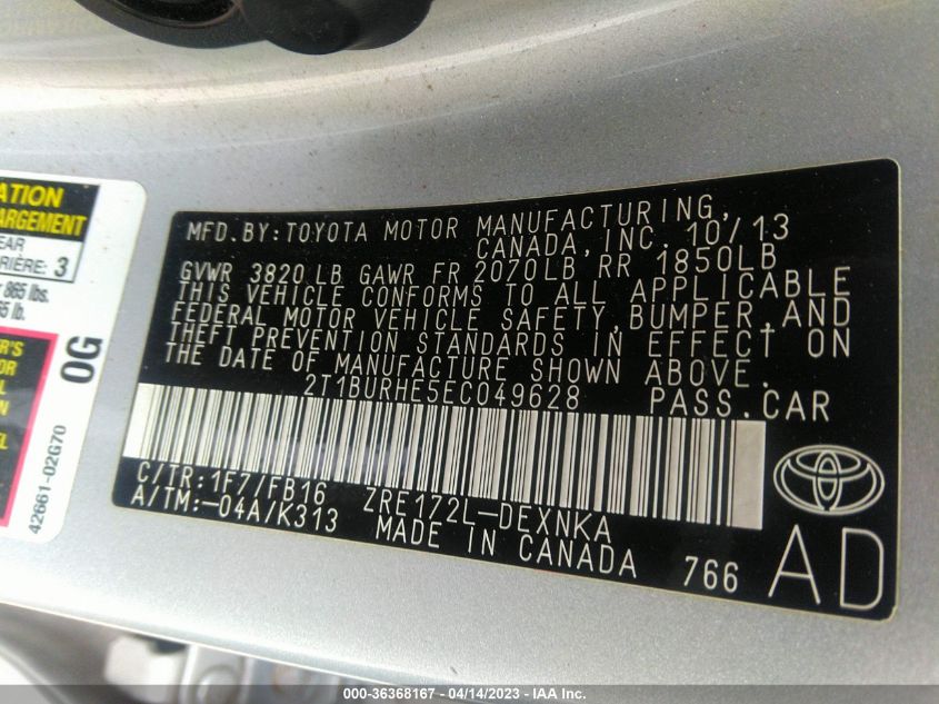 2014 TOYOTA COROLLA L/LE/S/S PLUS/LE PLUS - 2T1BURHE5EC049628