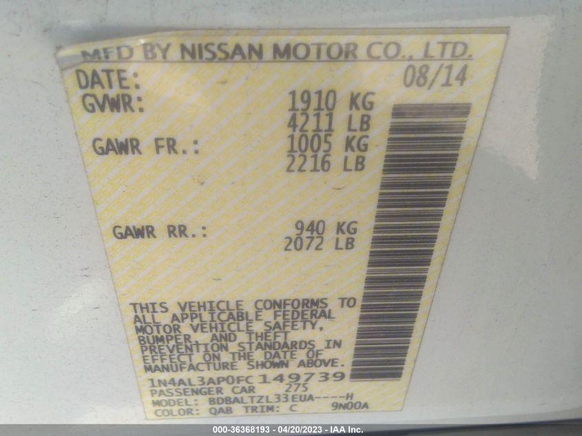 2015 NISSAN ALTIMA 2.5 SL - 1N4AL3AP0FC149739