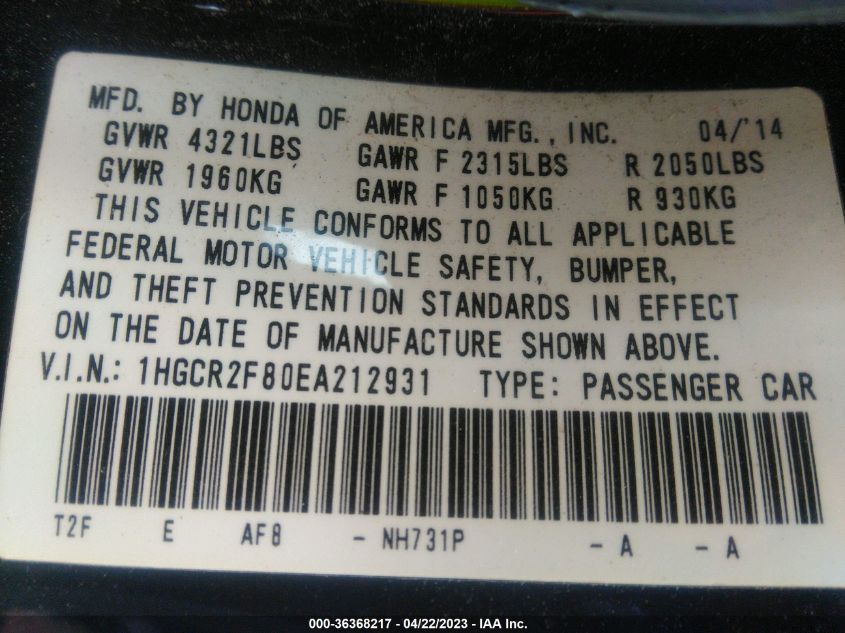 2014 HONDA ACCORD SEDAN EX-L - 1HGCR2F80EA212931