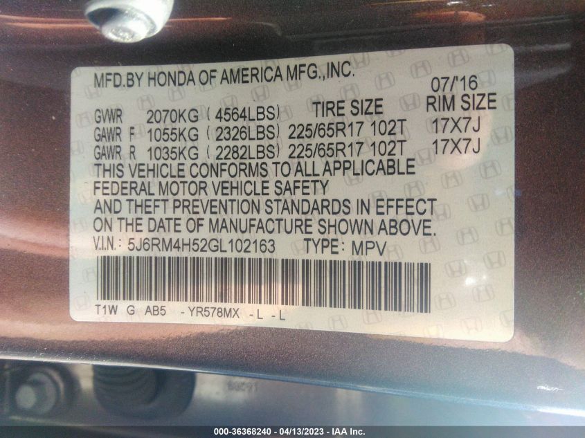 2016 HONDA CR-V EX - 5J6RM4H52GL102163
