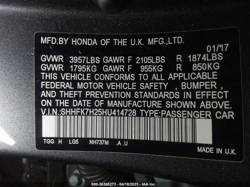 2017 HONDA CIVIC HATCHBACK LX - SHHFK7H25HU414728