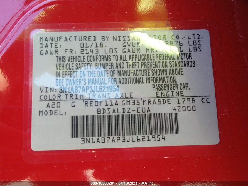 VIN 3N1AB7AP3JL621954 2018 NISSAN SENTRA SV