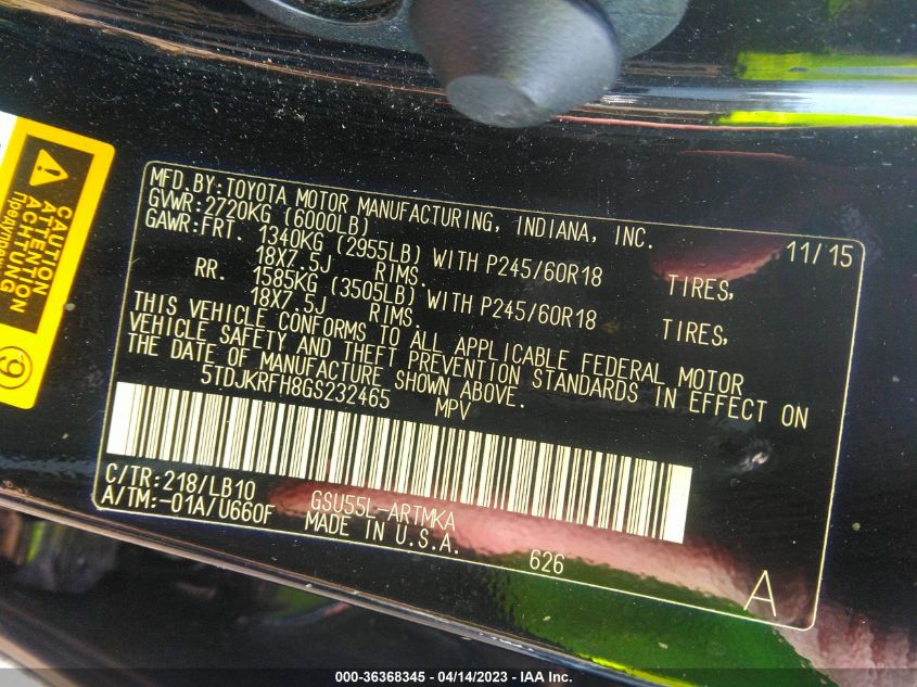 2016 TOYOTA HIGHLANDER XLE - 5TDJKRFH8GS232465