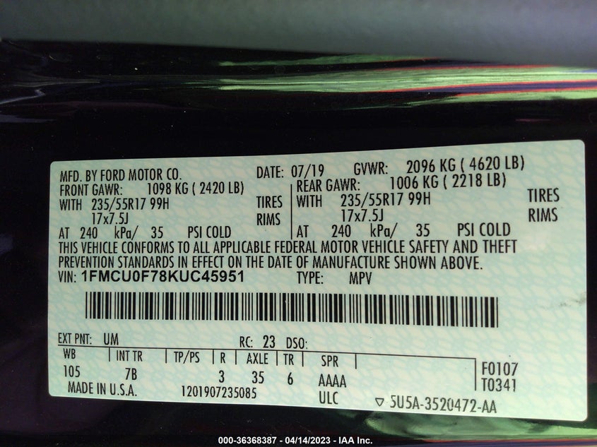 VIN 1FMCU0F78KUC45951 2019 FORD ESCAPE S