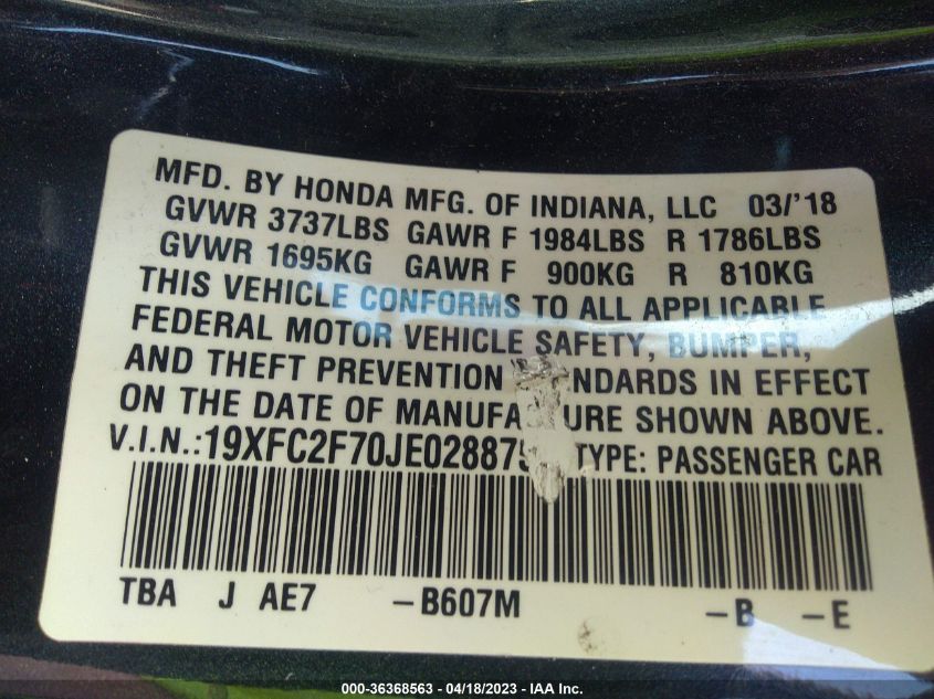 2018 HONDA CIVIC SEDAN EX - 19XFC2F70JE028875