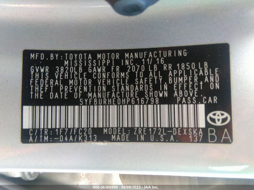 2017 TOYOTA COROLLA L/LE/XLE/SE - 5YFBURHE0HP616798