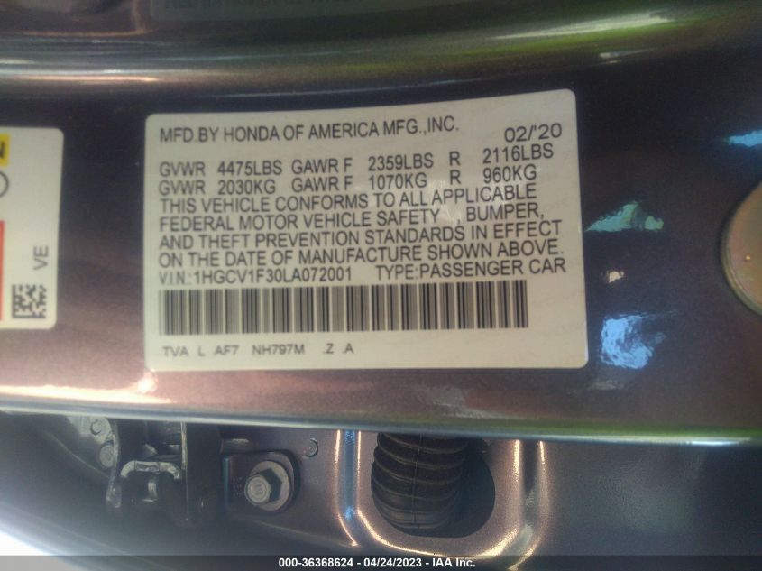 2020 HONDA ACCORD SEDAN SPORT - 1HGCV1F30LA072001