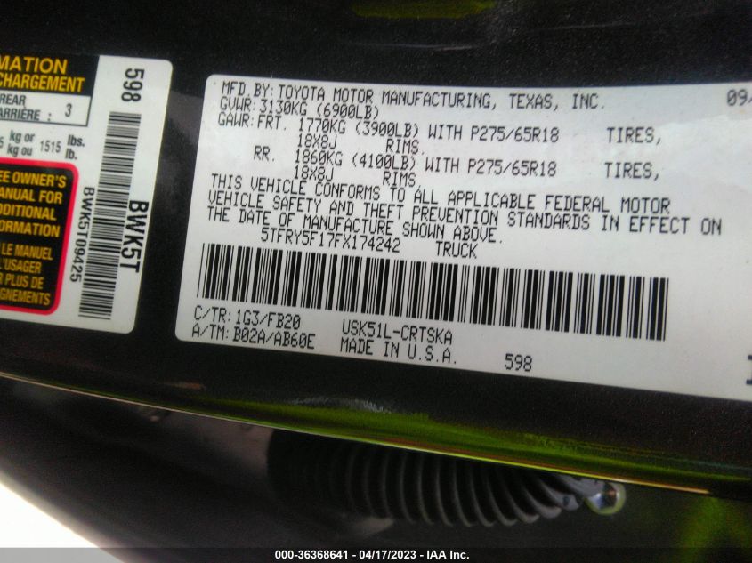 2015 TOYOTA TUNDRA 2WD TRUCK SR5/SR - 5TFRY5F17FX174242