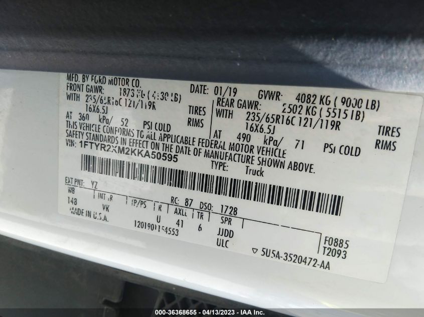 2019 FORD TRANSIT VAN - 1FTYR2XM2KKA50595