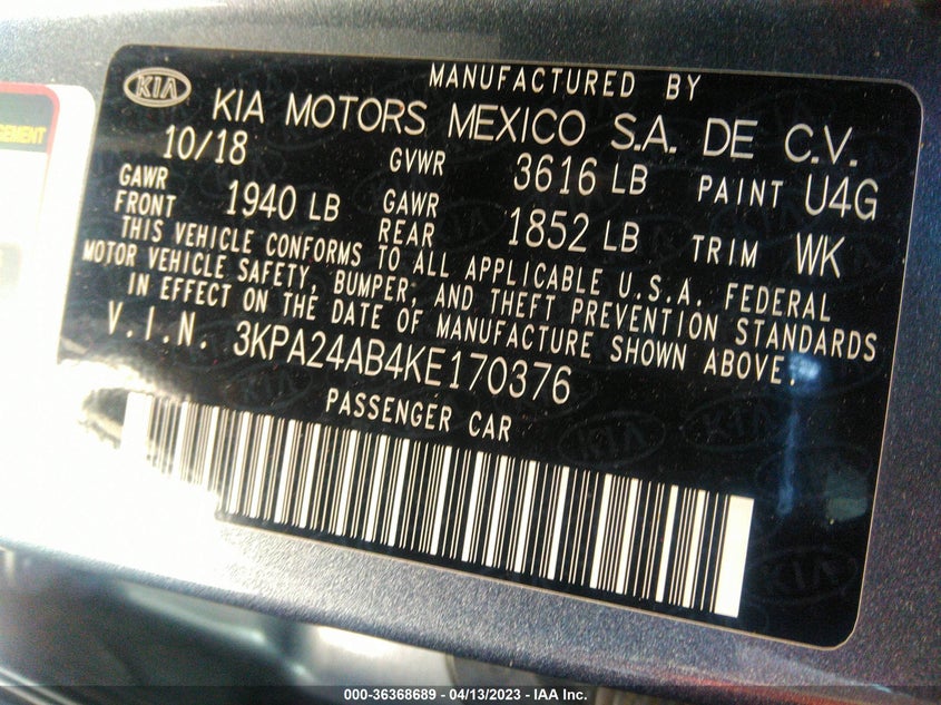 VIN 3KPA24AB4KE170376 2019 KIA RIO S