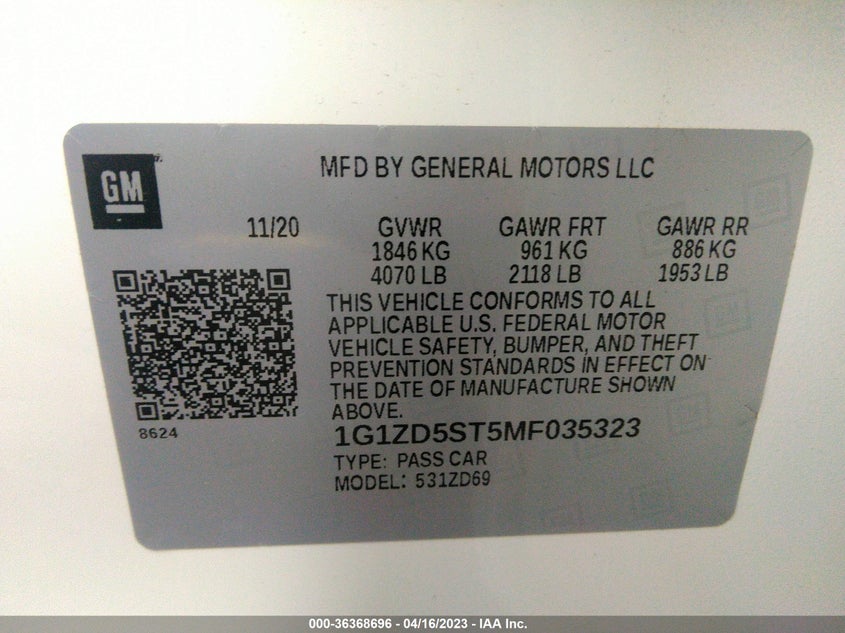 VIN 1G1ZD5ST5MF035323 2021 CHEVROLET MALIBU LT