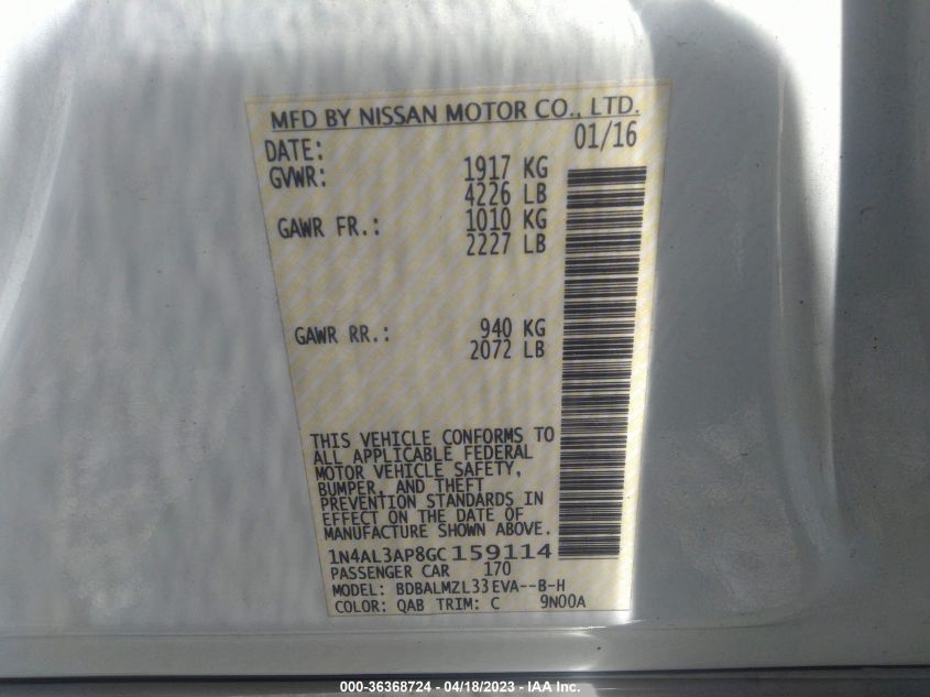 2016 NISSAN ALTIMA 2.5 SV - 1N4AL3AP8GC159114
