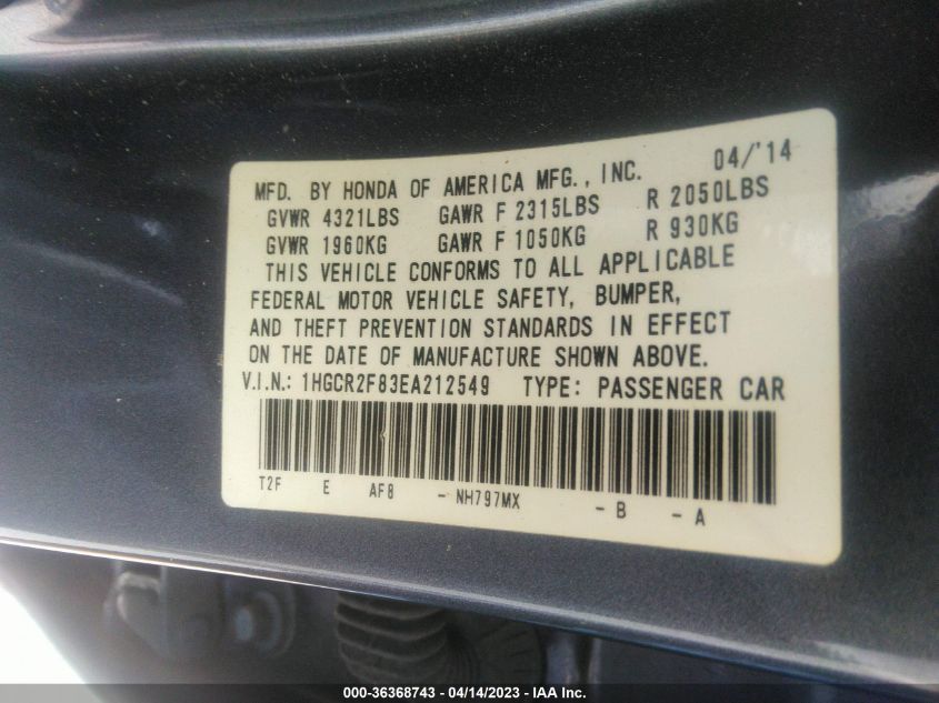 2014 HONDA ACCORD SEDAN EX-L - 1HGCR2F83EA212549