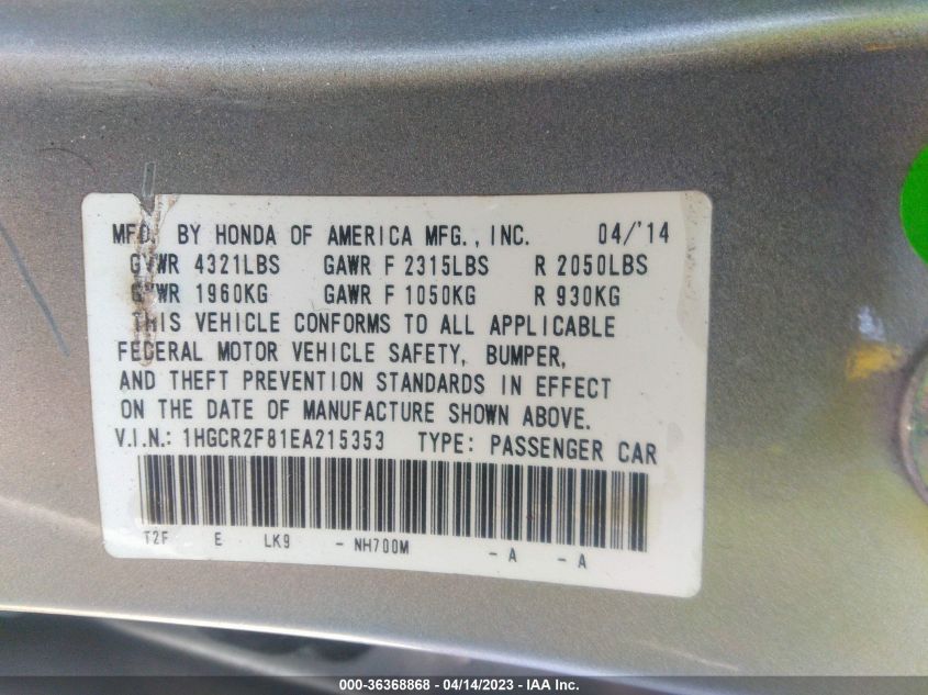 2014 HONDA ACCORD SEDAN EX-L - 1HGCR2F81EA215353