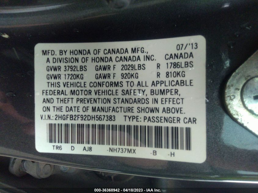 2013 HONDA CIVIC SDN EX-L - 2HGFB2F92DH567383