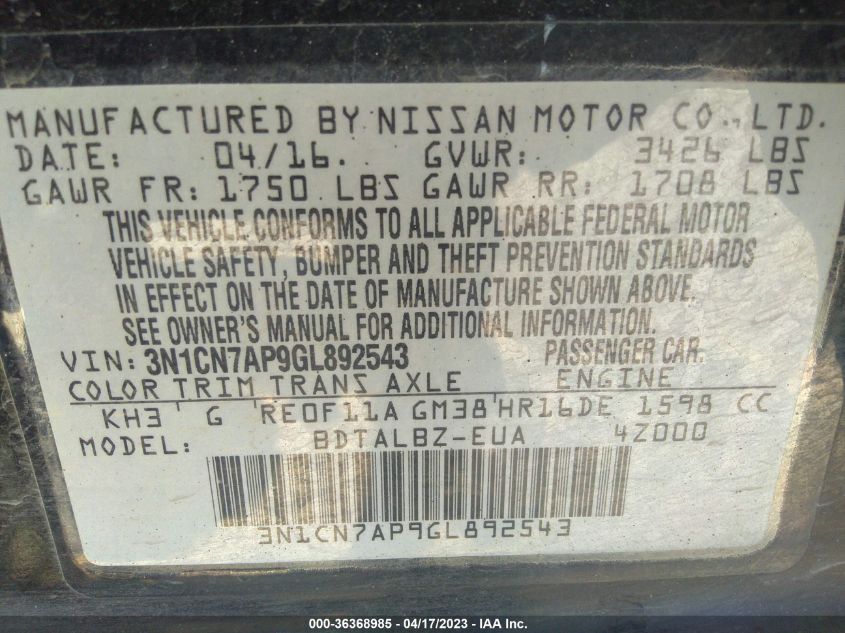 2016 NISSAN VERSA SV - 3N1CN7AP9GL892543