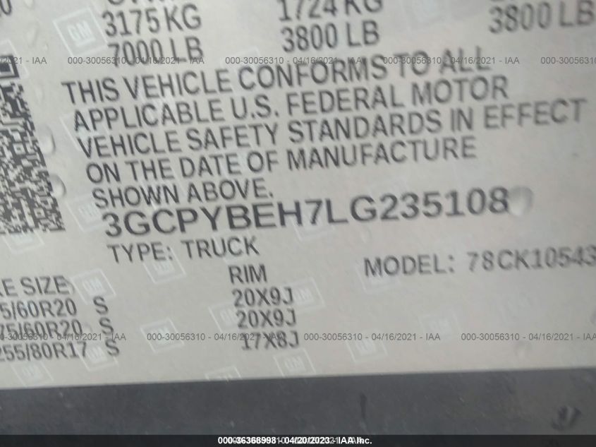 2020 CHEVROLET SILVERADO 1500 CUSTOM - 3GCPYBEH7LG235108