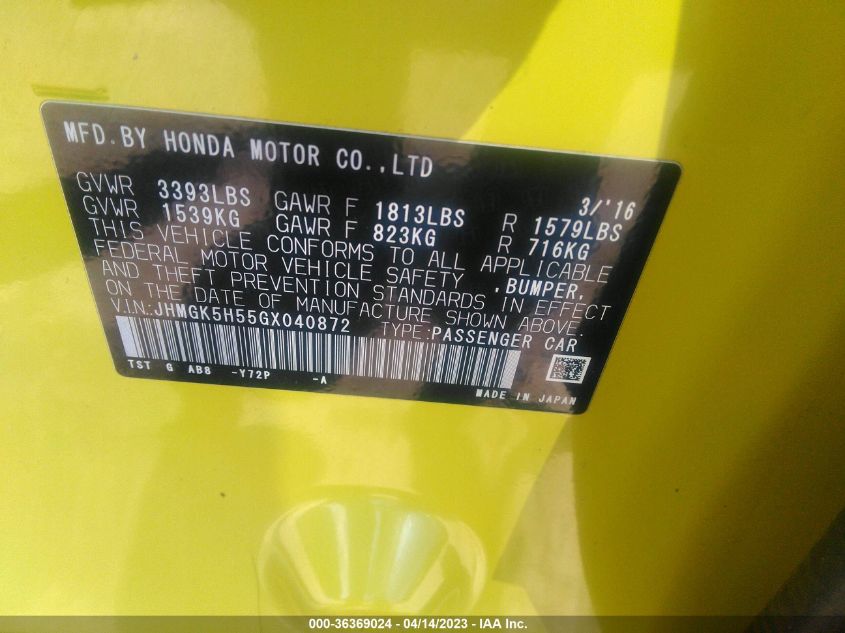 2016 HONDA FIT LX - JHMGK5H55GX040872