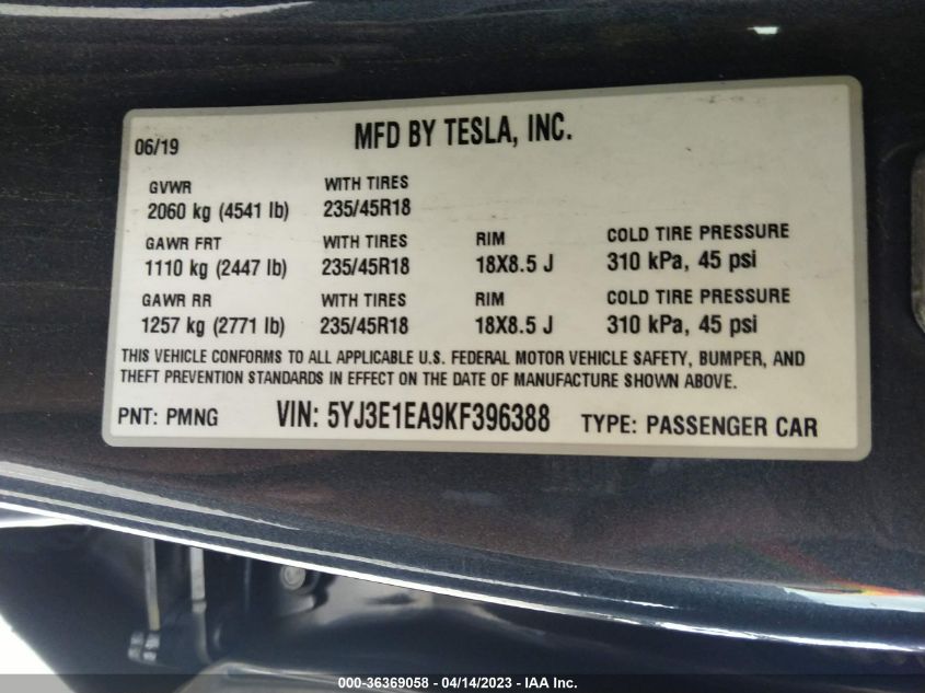 2019 TESLA MODEL 3 RANGE - 5YJ3E1EA9KF396388