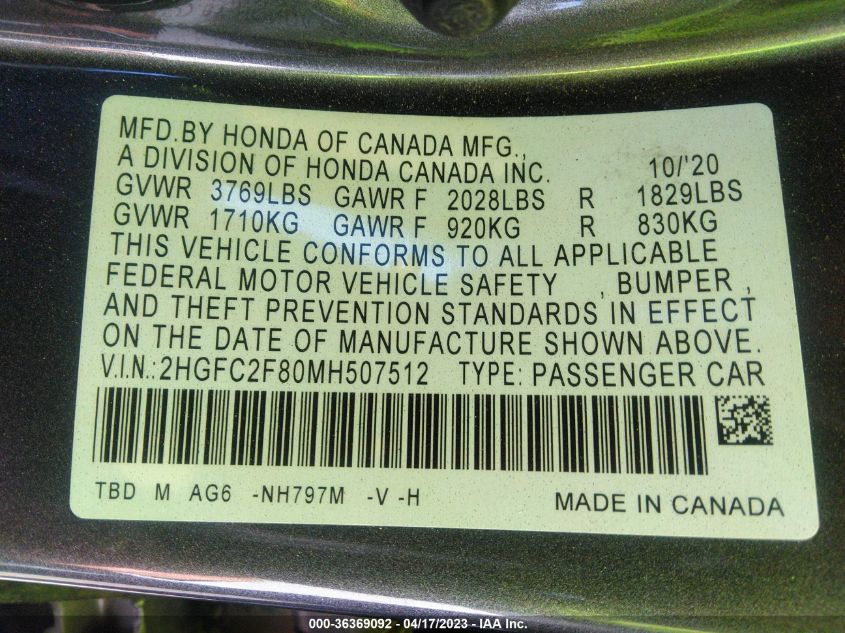 2021 HONDA CIVIC SEDAN SPORT - 2HGFC2F80MH507512