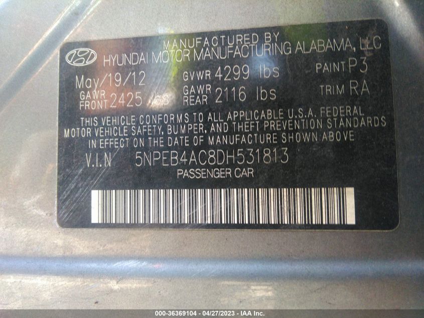 VIN 5NPEB4AC8DH531813 2013 HYUNDAI SONATA no.9