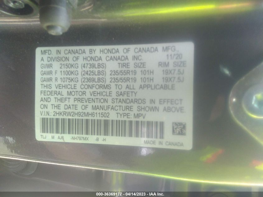 2021 HONDA CR-V TOURING - 2HKRW2H92MH611502