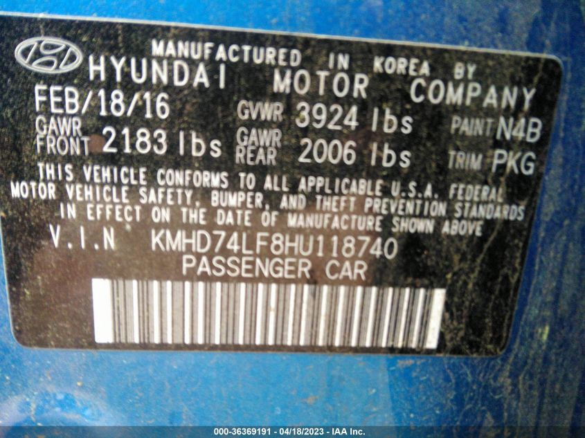 2017 HYUNDAI ELANTRA SE - KMHD74LF8HU118740