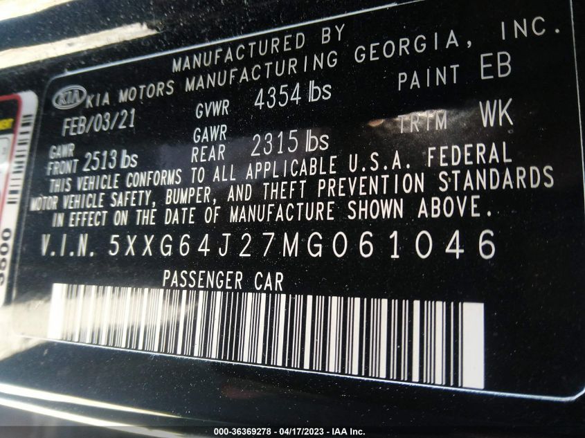 2021 KIA K5 GT-LINE - 5XXG64J27MG061046