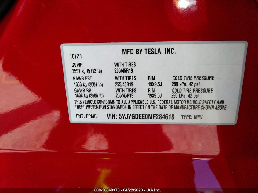 VIN 5YJYGDEE0MF284618 2021 TESLA MODEL Y LONG RANGE