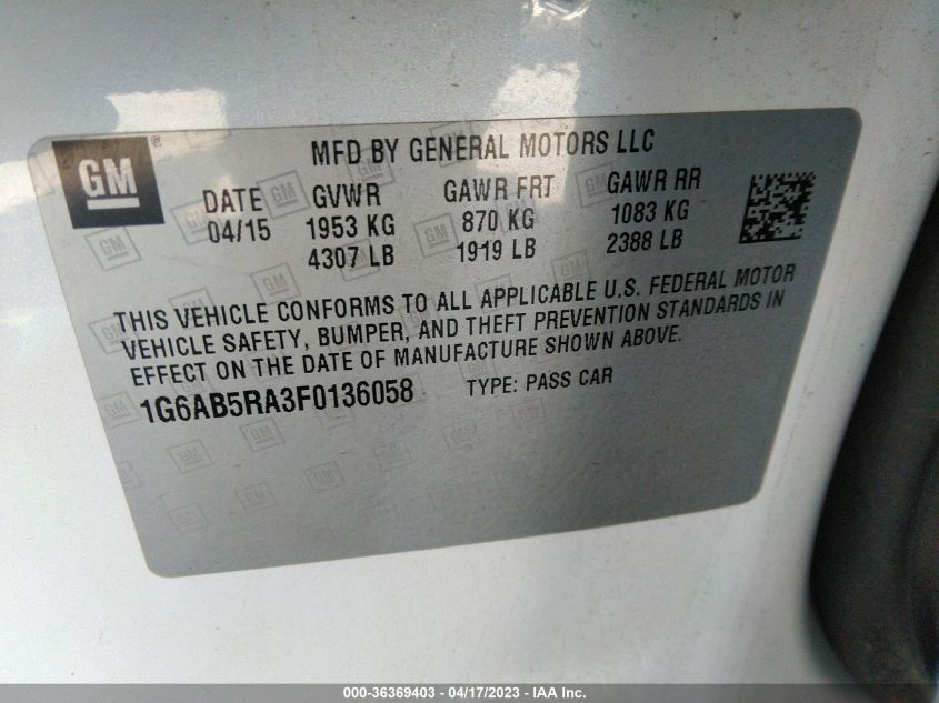 2015 CADILLAC ATS SEDAN LUXURY RWD - 1G6AB5RA3F0136058