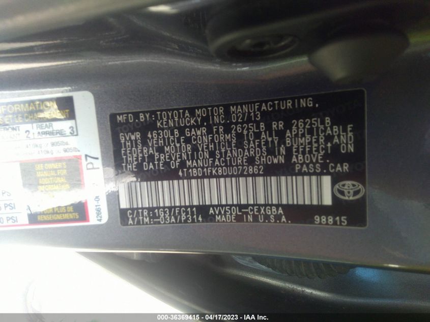 2013 TOYOTA CAMRY HYBRID LE/XLE - 4T1BD1FK8DU072862