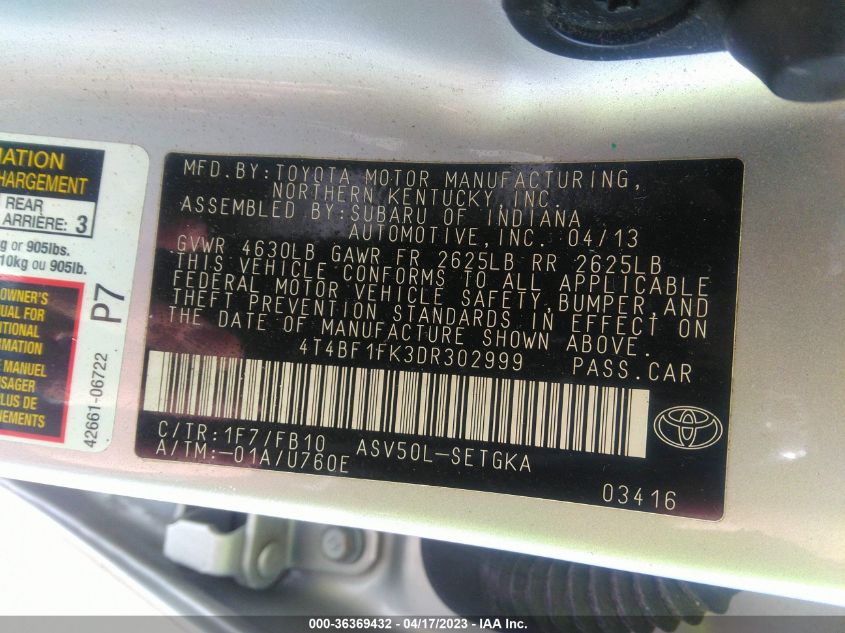 2013 TOYOTA CAMRY L/LE/SE/XLE - 4T4BF1FK3DR302999