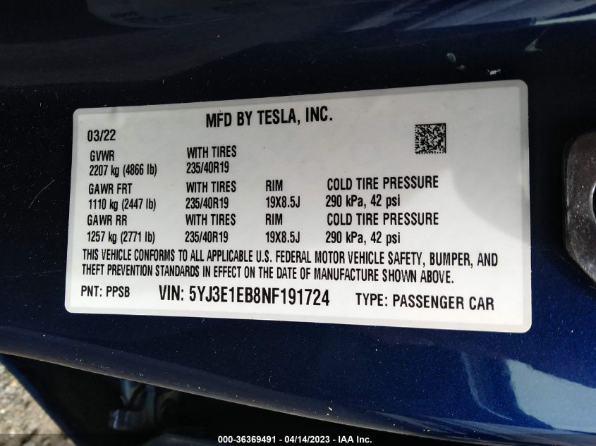 2022 TESLA MODEL 3 LONG RANGE - 5YJ3E1EB8NF191724