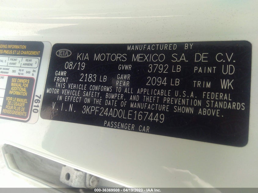 VIN 3KPF24AD0LE167449 2020 KIA FORTE LXS