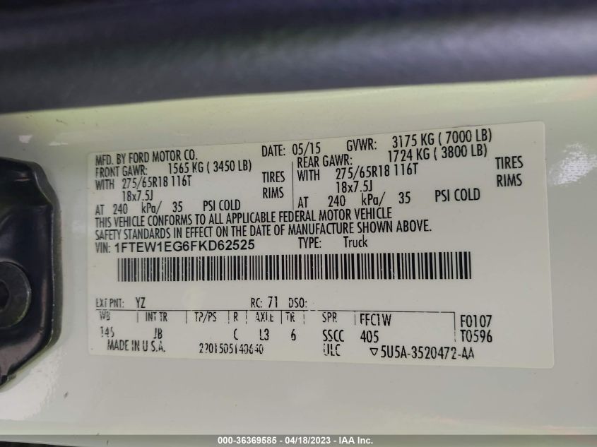 2015 FORD F-150 XLT/XL/LARIAT/PLATINUM - 1FTEW1EG6FKD62525