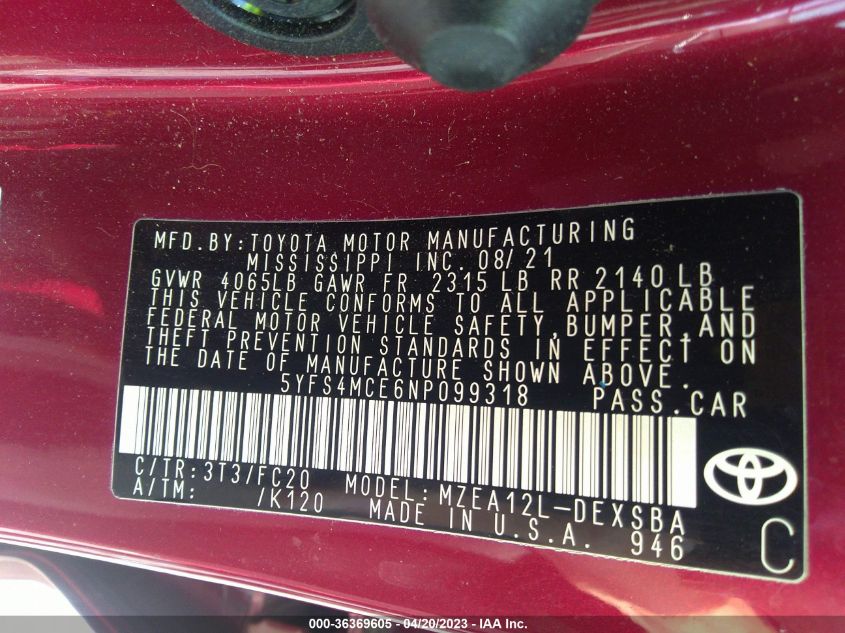 2022 TOYOTA COROLLA SE/SE NIGHTSHADE/APEX SE - 5YFS4MCE6NP099318